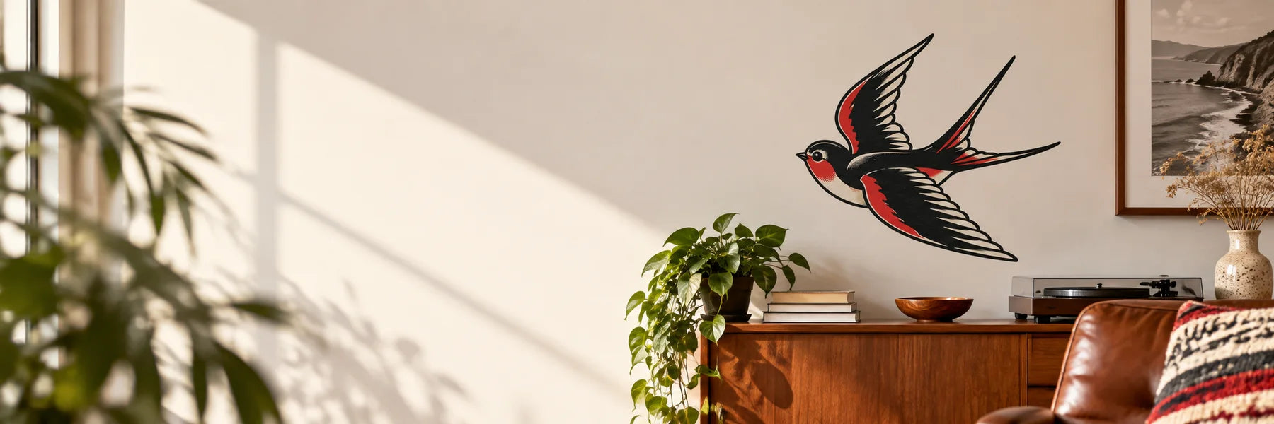 Illustrative Swallow Decals vinyl application in a realistic panoramic lifestyle scene.