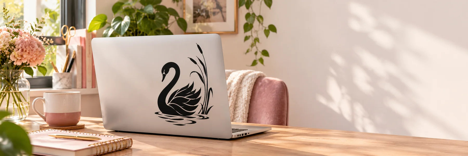 Illustrative Swan Decals vinyl application in a realistic panoramic lifestyle scene.