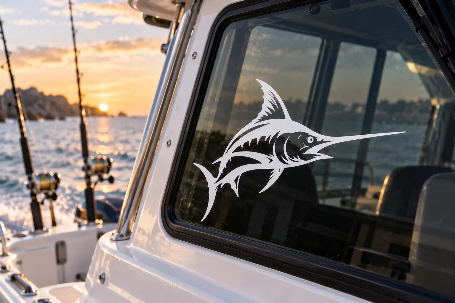 Illustrative Swordfish Decals vinyl application in a realistic separate close-up lifestyle scene.