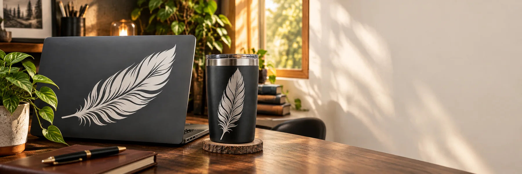 Illustrative Feather Decals vinyl application in a realistic panoramic lifestyle scene.