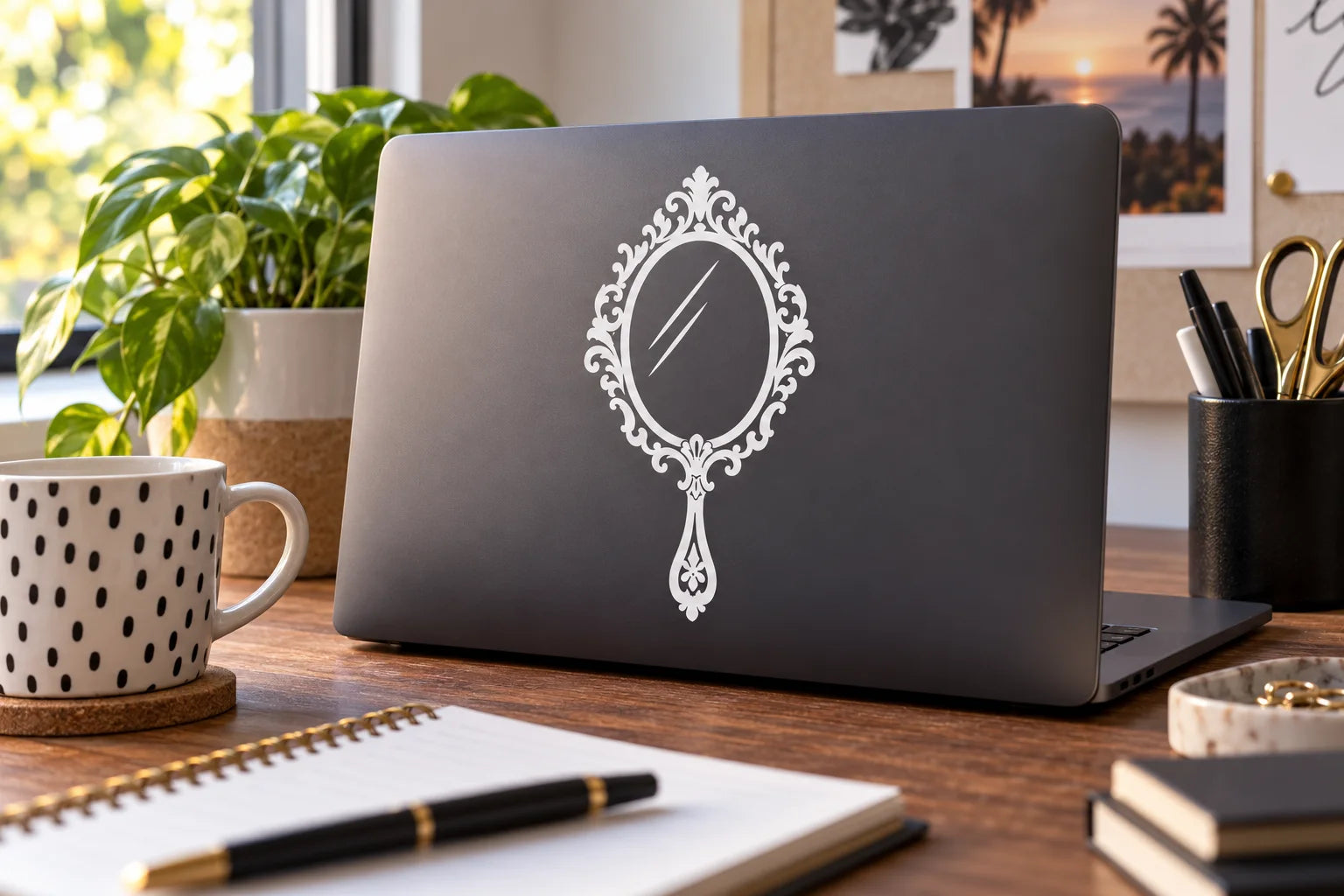 Illustrative Mirror Decals vinyl application in a realistic separate close-up lifestyle scene.