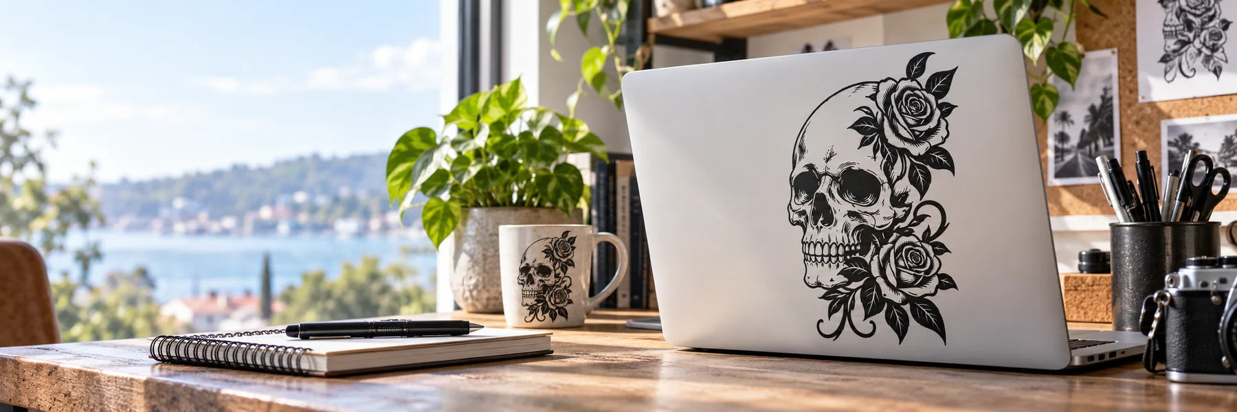Illustrative Tattoo Skull Decals vinyl application in a realistic panoramic lifestyle scene.