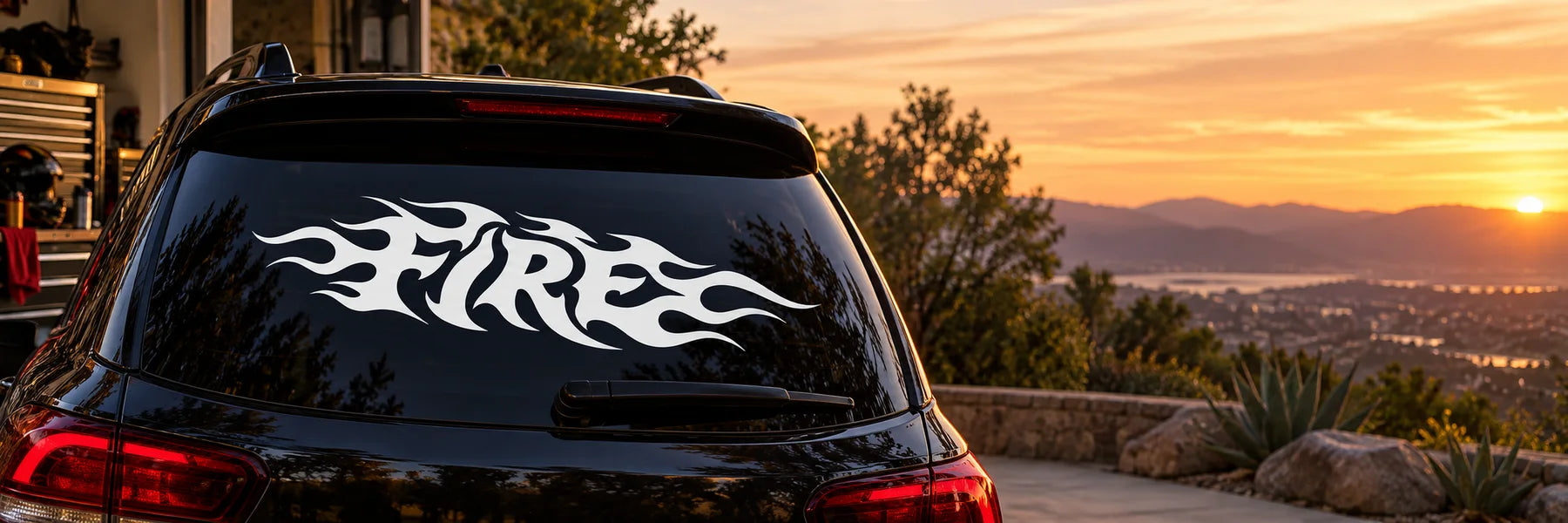 Illustrative Text Flames vinyl application in a realistic panoramic lifestyle scene.