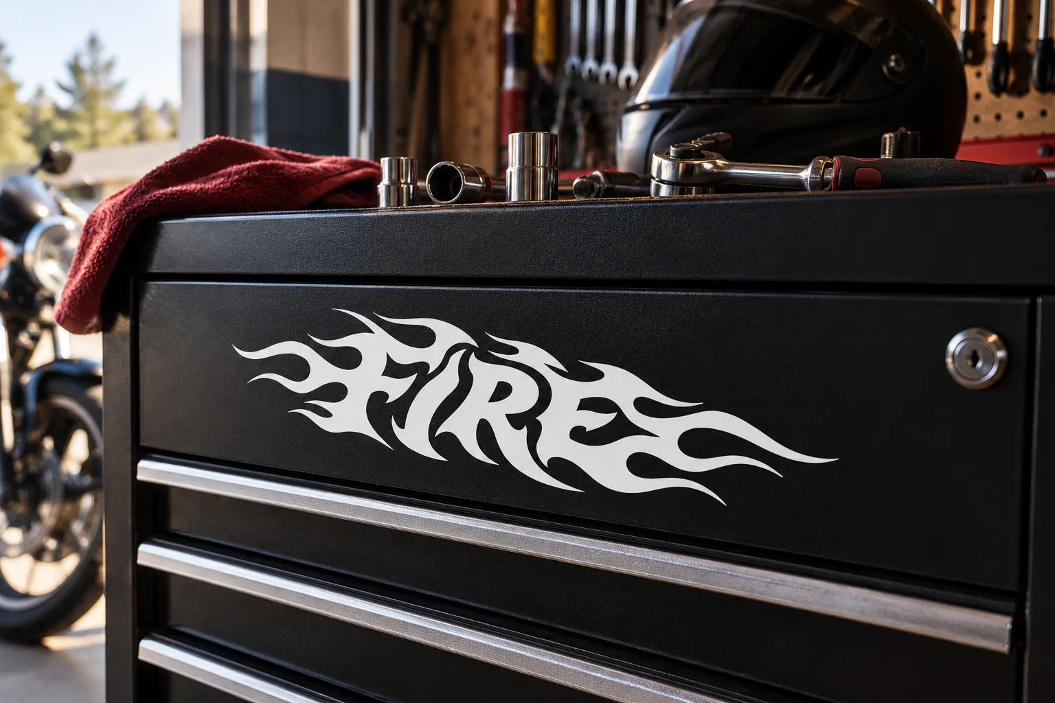 Illustrative Text Flames vinyl application in a realistic separate close-up lifestyle scene.