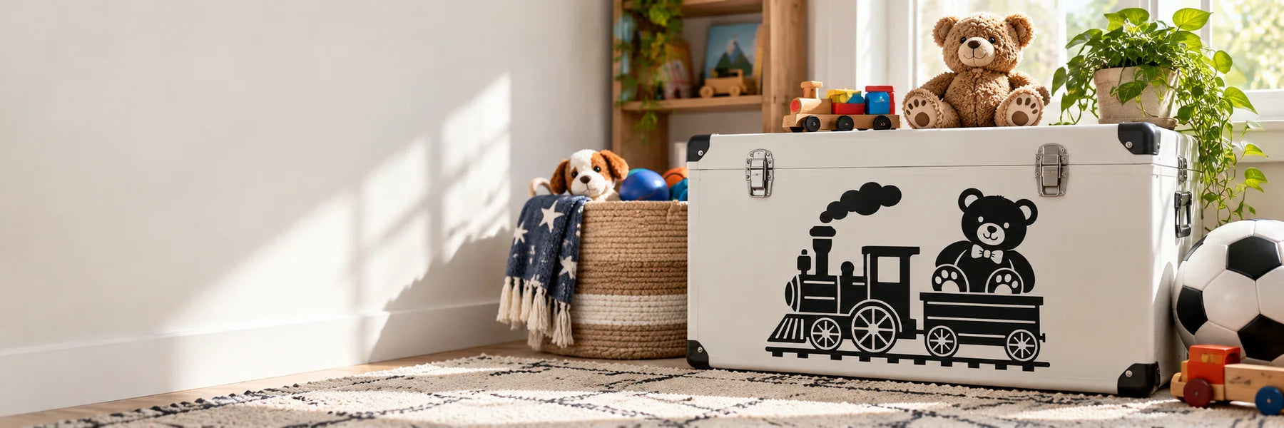 Illustrative Toy Wall Decals vinyl application in a realistic panoramic lifestyle scene.