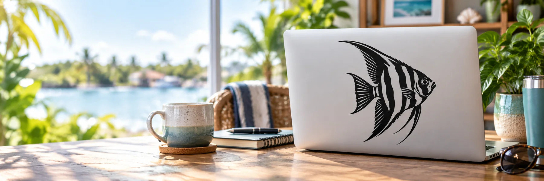 Illustrative Tropical Aquarium Fish vinyl application in a realistic panoramic lifestyle scene.