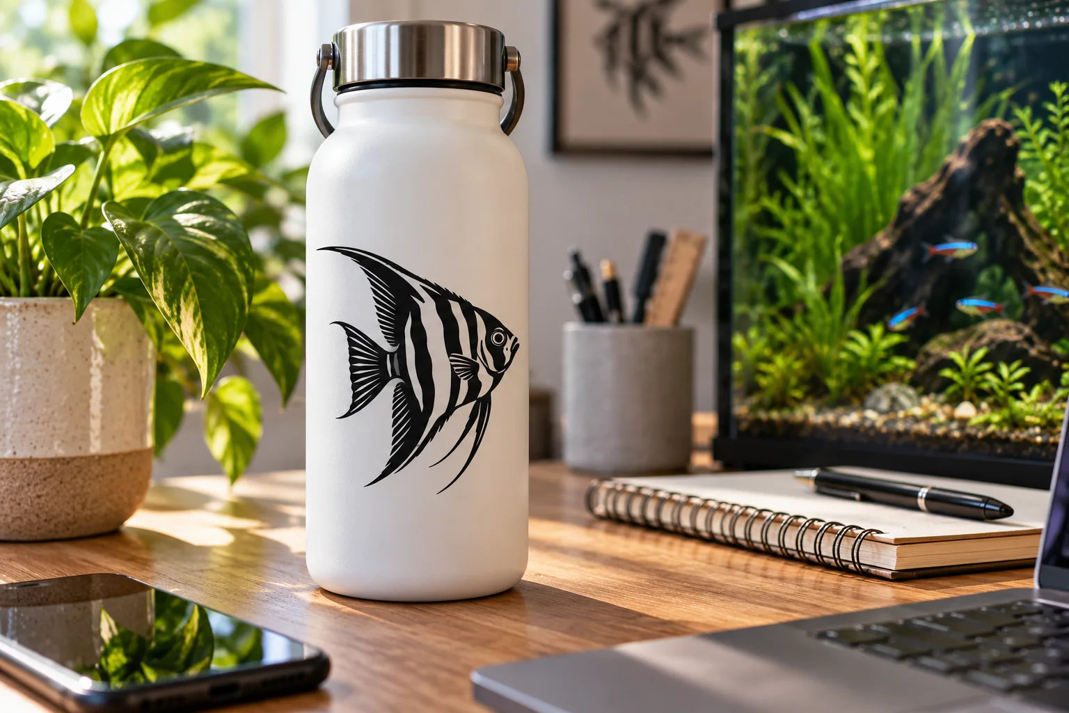 Illustrative Tropical Aquarium Fish vinyl application in a realistic separate close-up lifestyle scene.