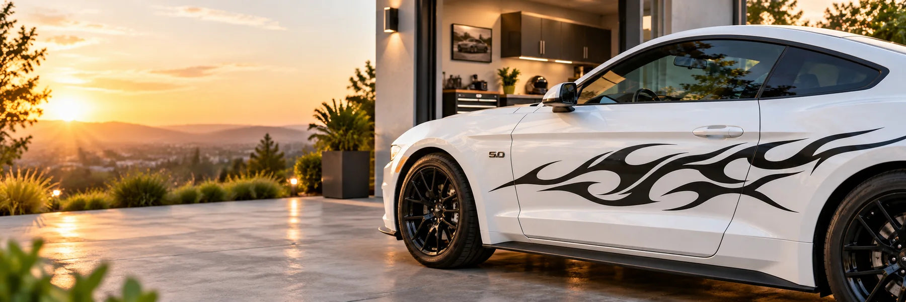 Illustrative Tribal Flames vinyl application in a realistic panoramic lifestyle scene.