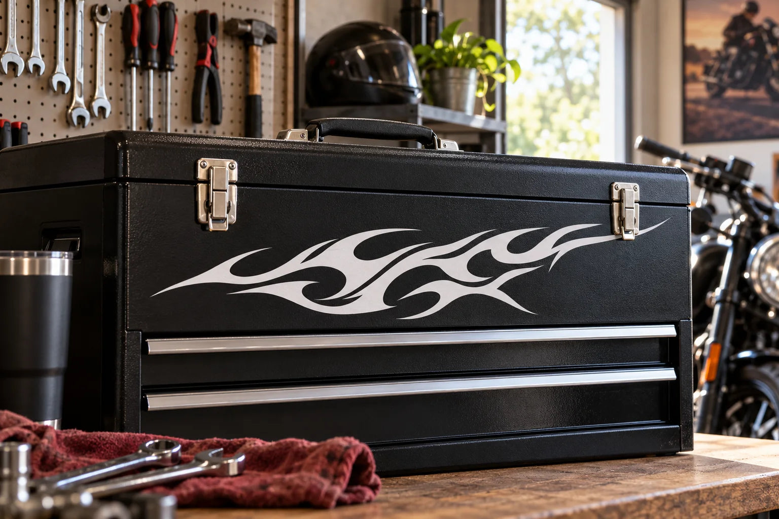 Illustrative Tribal Flames vinyl application in a realistic separate close-up lifestyle scene.