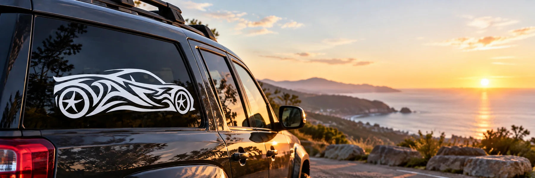 Illustrative Tribal Cars vinyl application in a realistic panoramic lifestyle scene.