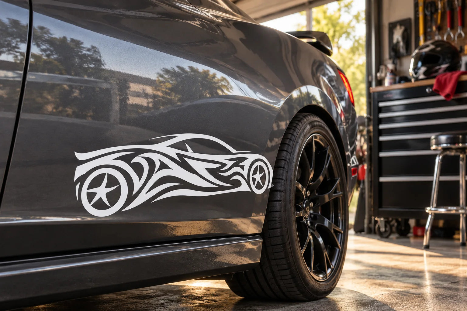 Illustrative Tribal Cars vinyl application in a realistic separate close-up lifestyle scene.