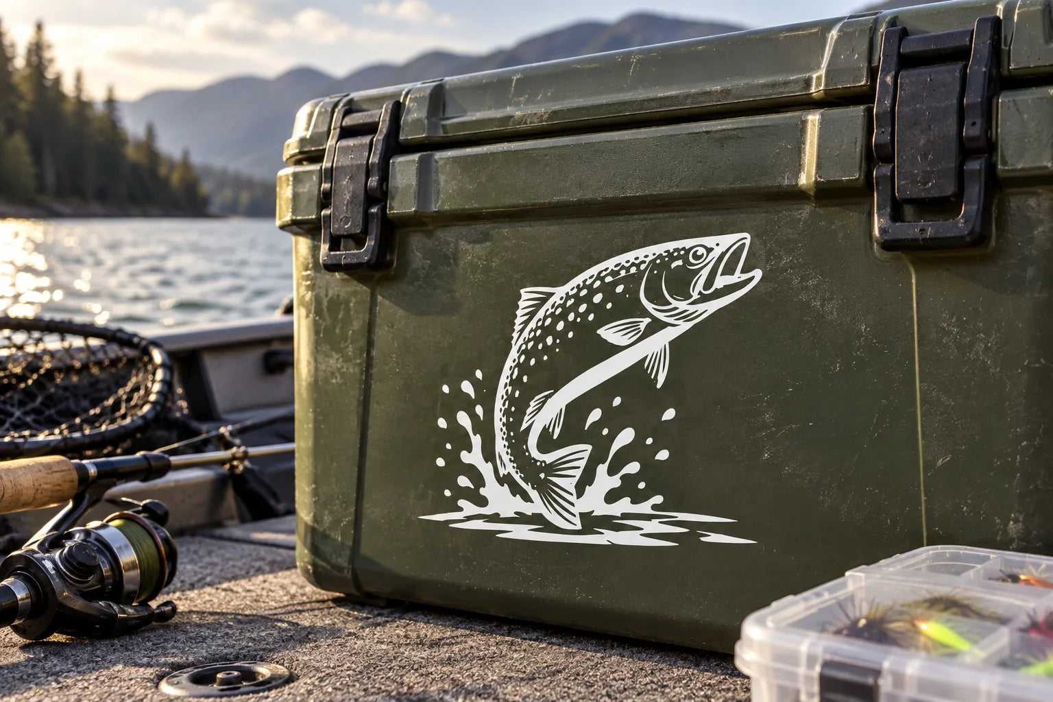 Illustrative Trout Decals vinyl application in a realistic separate close-up lifestyle scene.