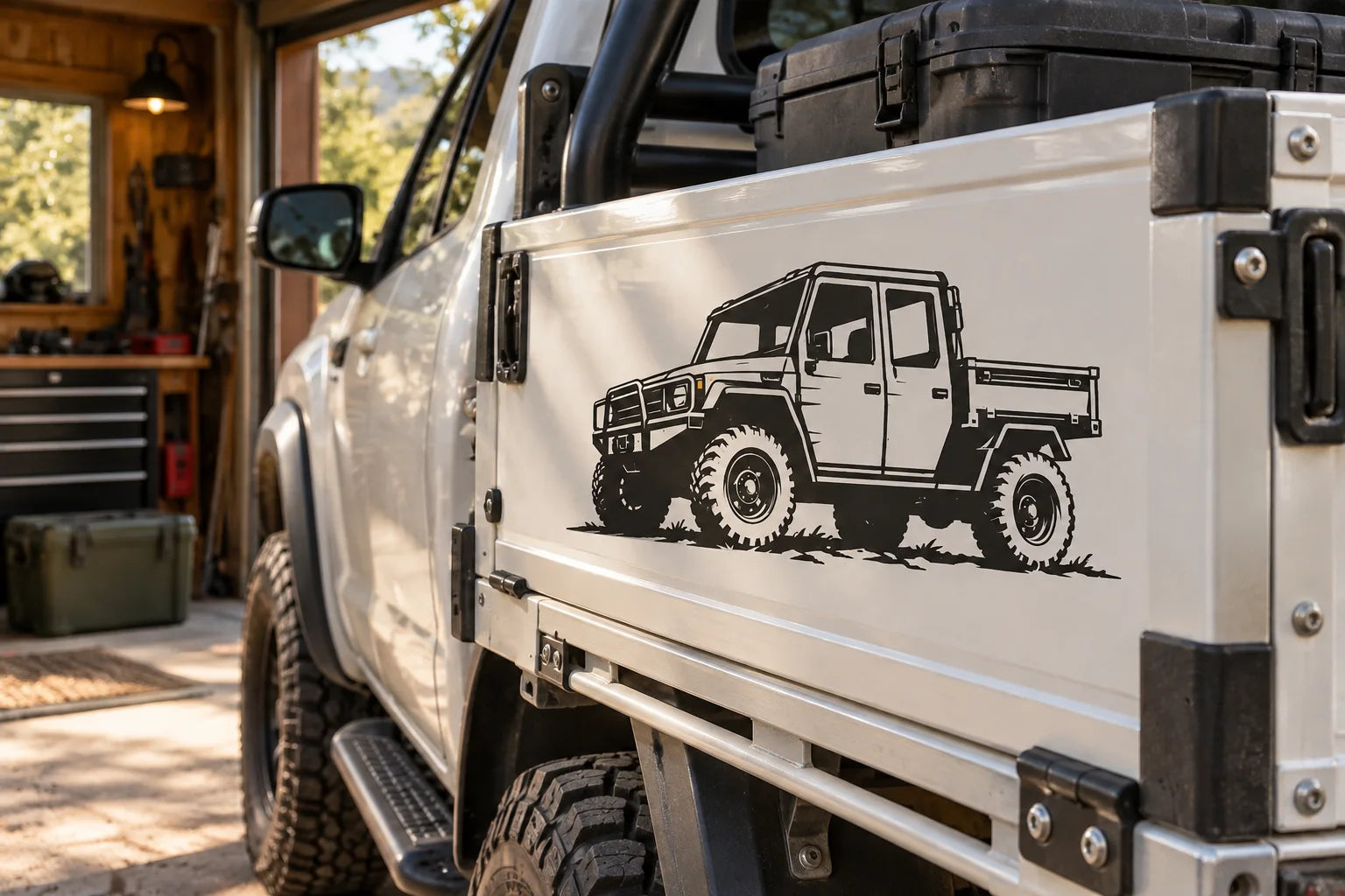 Illustrative Utility Vehicle vinyl application in a realistic separate close-up lifestyle scene.