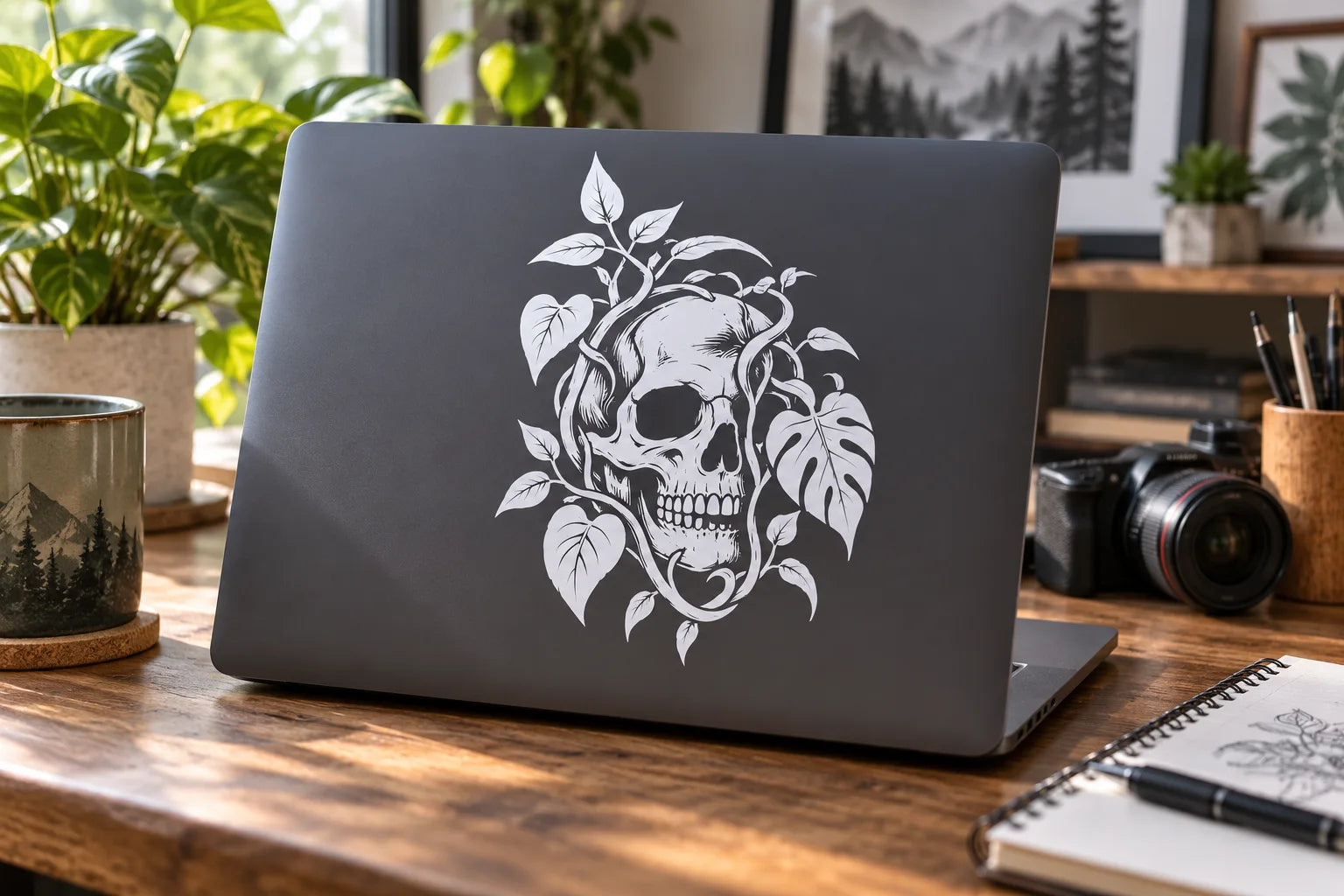 Illustrative Vegetation Skull Decals vinyl application in a realistic separate close-up lifestyle scene.