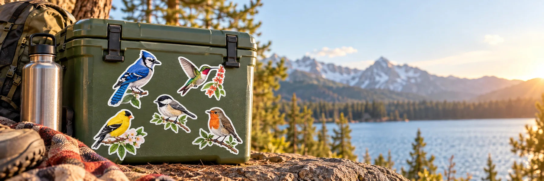 Illustrative Bird Stickers vinyl application in a realistic panoramic lifestyle scene.