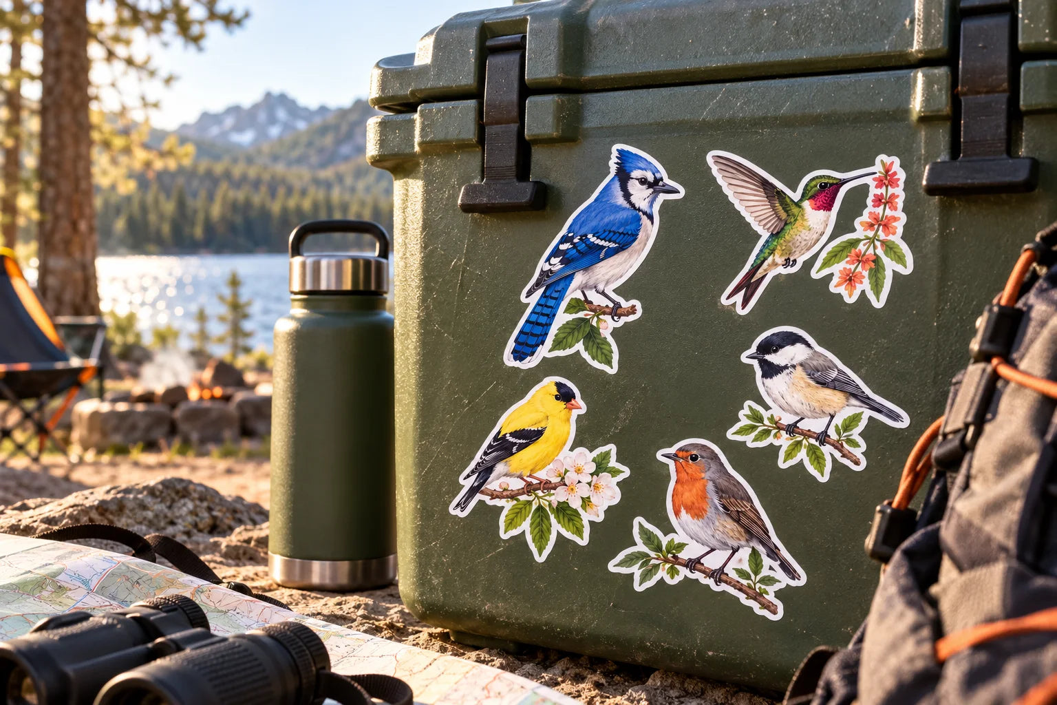 Illustrative Bird Stickers vinyl application in a realistic separate close-up lifestyle scene.