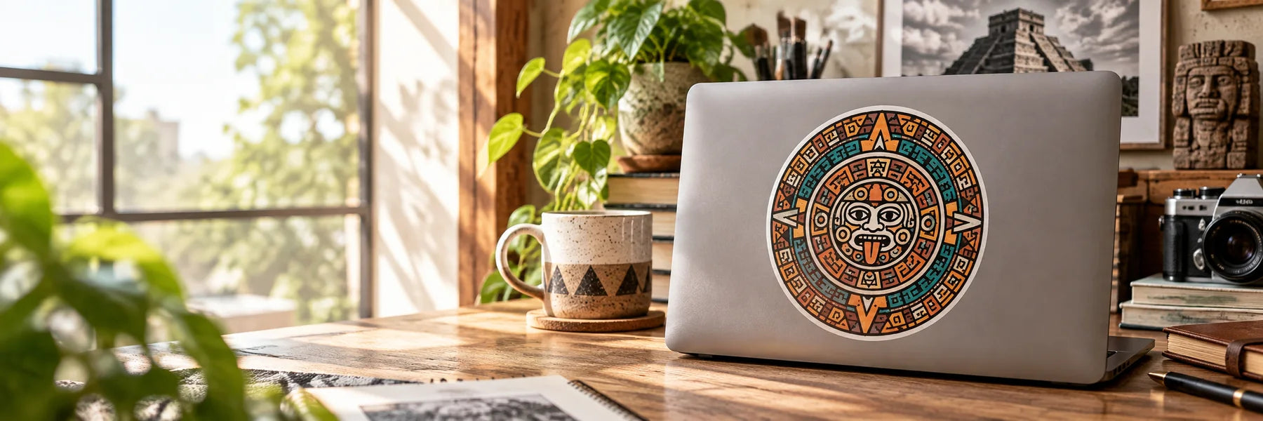 Illustrative Aztec Stickers vinyl application in a realistic panoramic lifestyle scene.