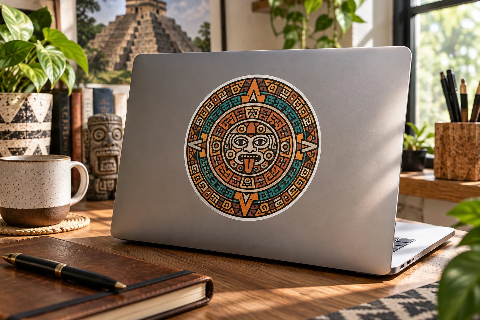 Illustrative Aztec Stickers vinyl application in a realistic separate close-up lifestyle scene.