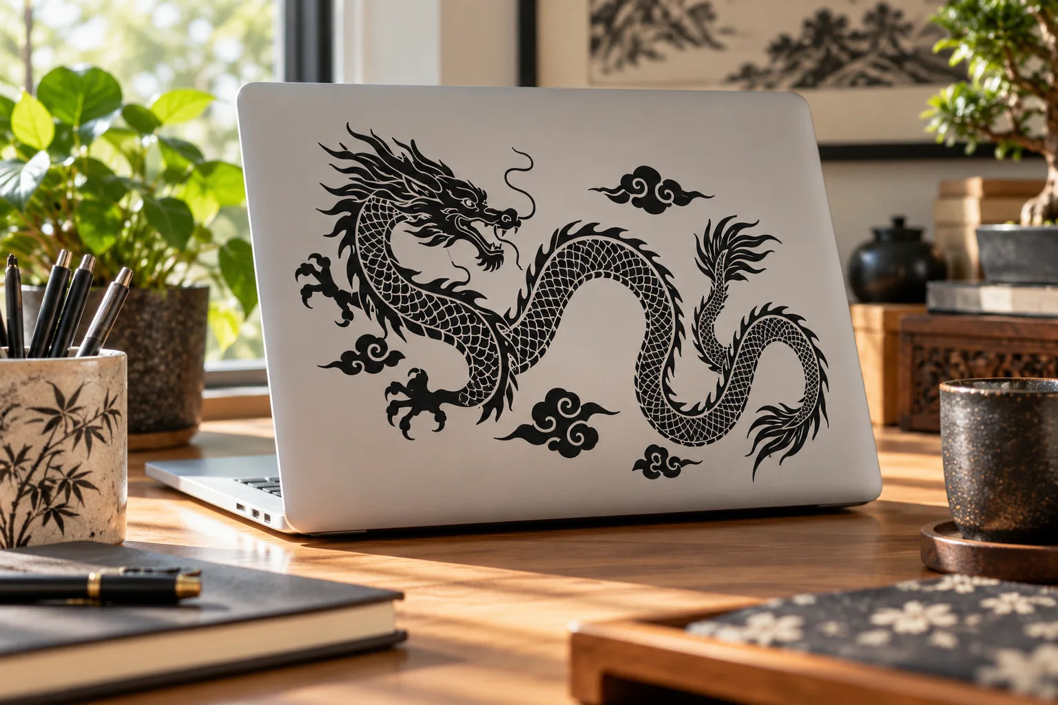 Illustrative Chinese Dragons vinyl application in a realistic separate close-up lifestyle scene.