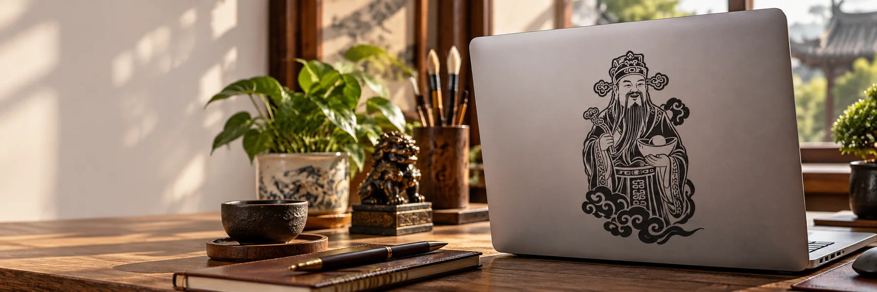 Illustrative Chinese Gods vinyl application in a realistic panoramic lifestyle scene.