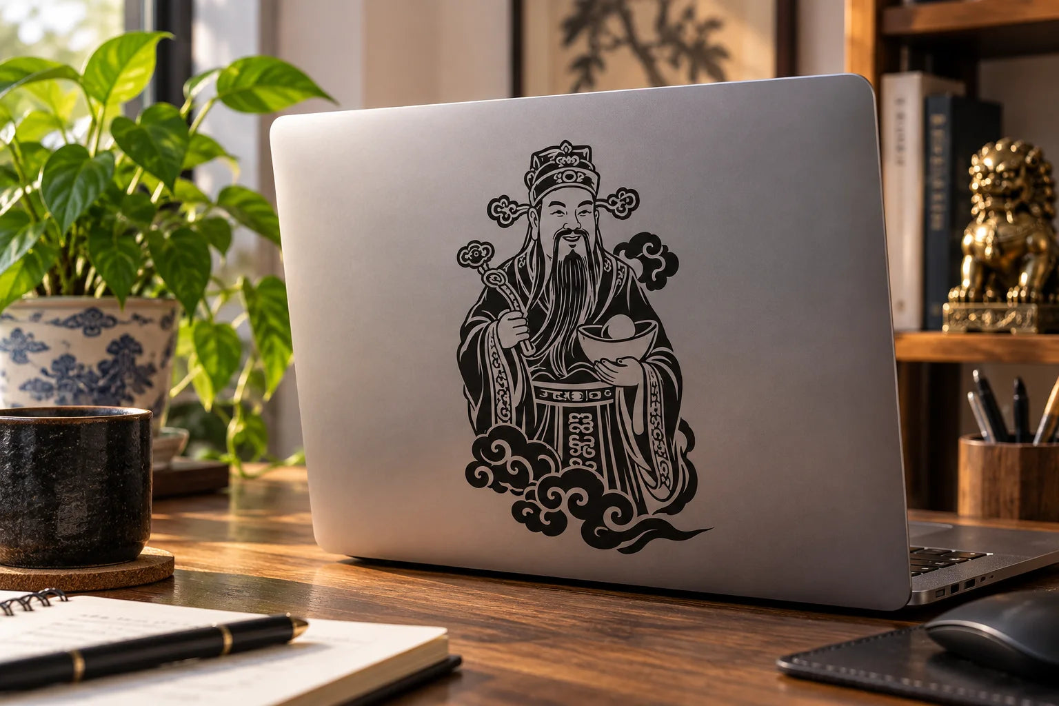 Illustrative Chinese Gods vinyl application in a realistic separate close-up lifestyle scene.