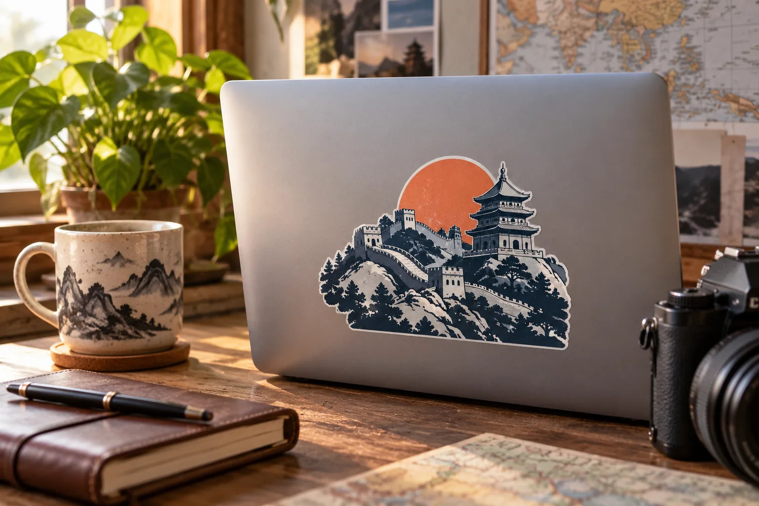 Illustrative Chinese Monument Stickers vinyl application in a realistic separate close-up lifestyle scene.