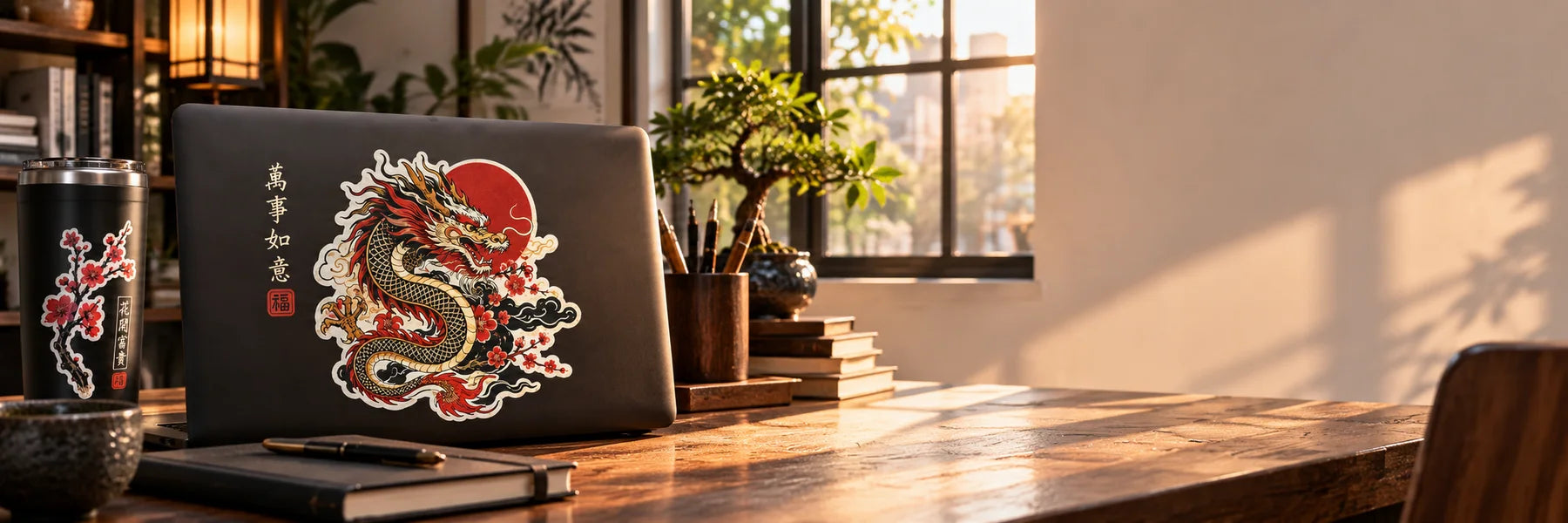 Illustrative Chinese Stickers vinyl application in a realistic panoramic lifestyle scene.