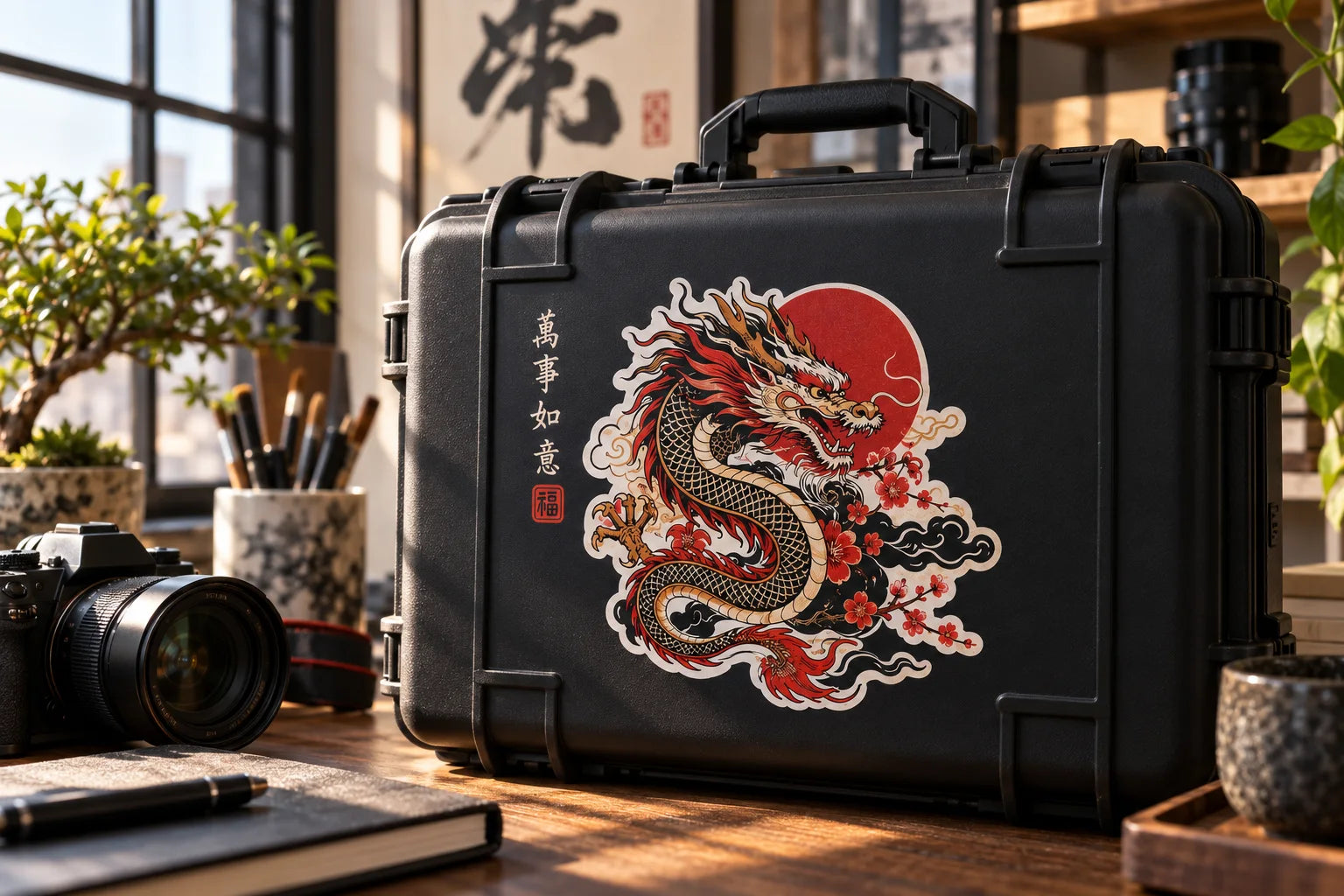 Illustrative Chinese Stickers vinyl application in a realistic separate close-up lifestyle scene.
