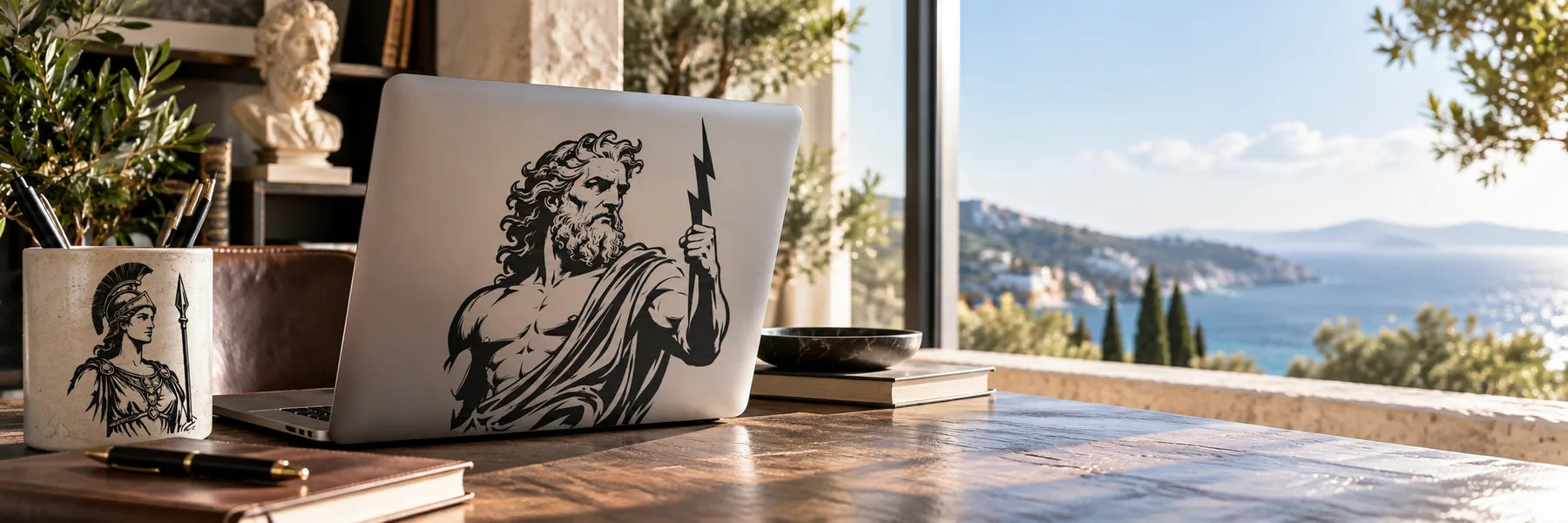 Illustrative Greek Gods vinyl application in a realistic panoramic lifestyle scene.