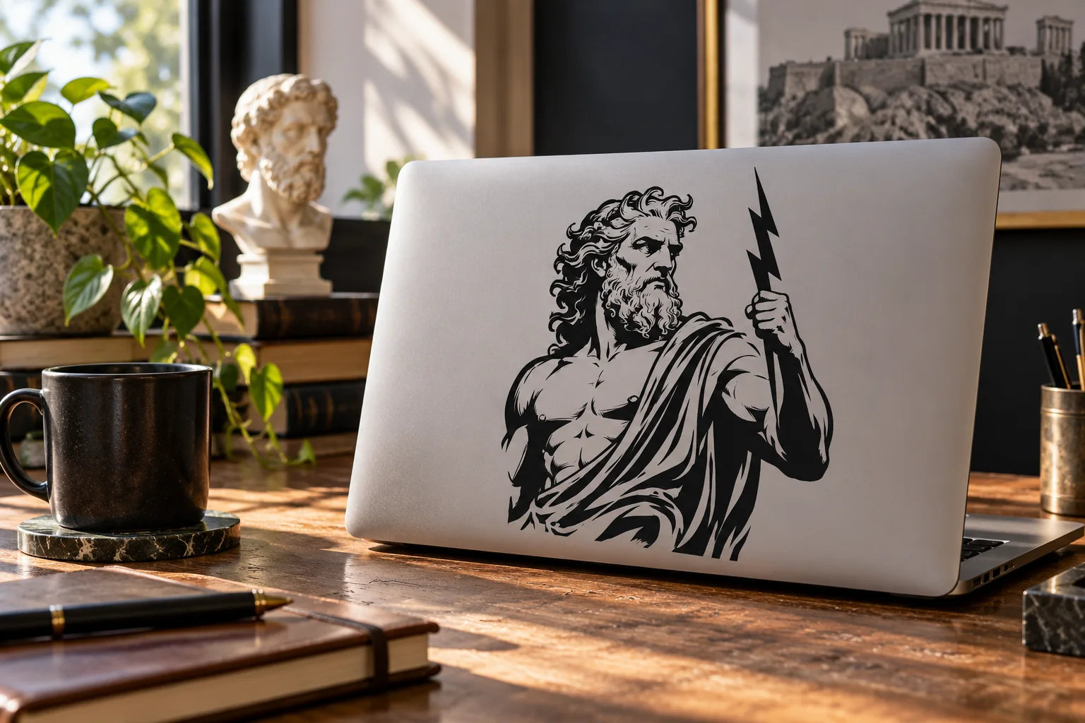 Illustrative Greek Gods vinyl application in a realistic separate close-up lifestyle scene.