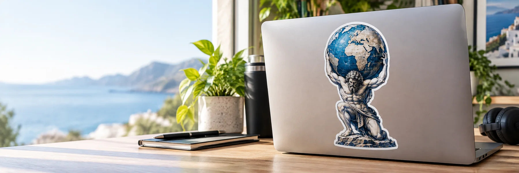 Illustrative Greek Titan Stickers vinyl application in a realistic panoramic lifestyle scene.