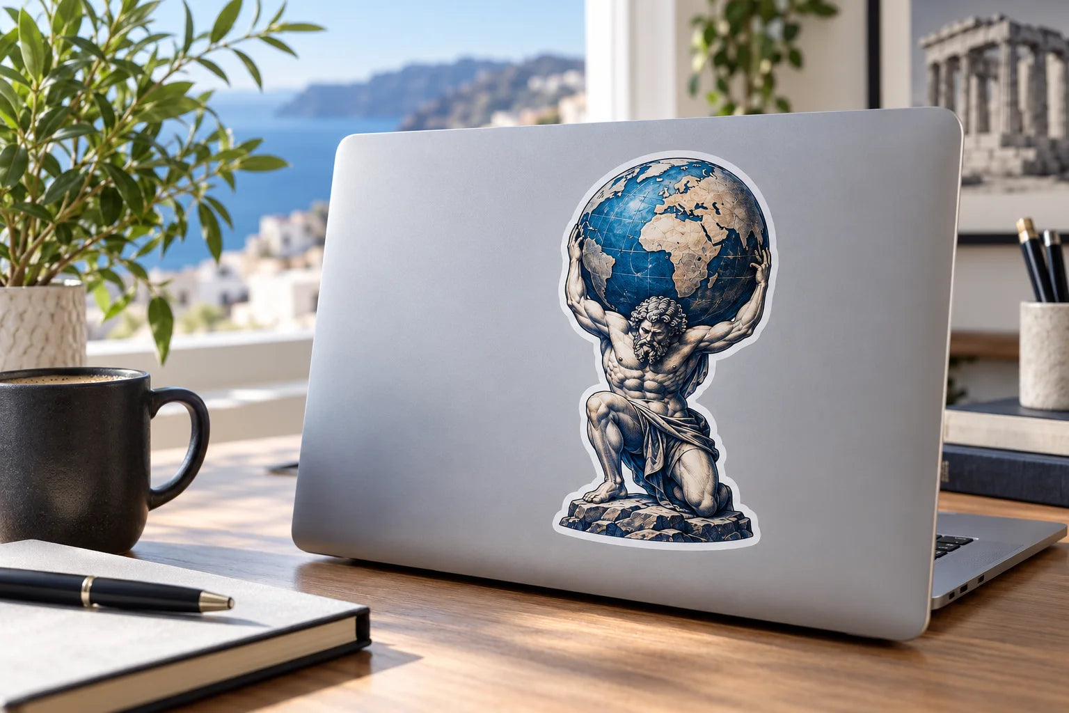 Illustrative Greek Titan Stickers vinyl application in a realistic separate close-up lifestyle scene.