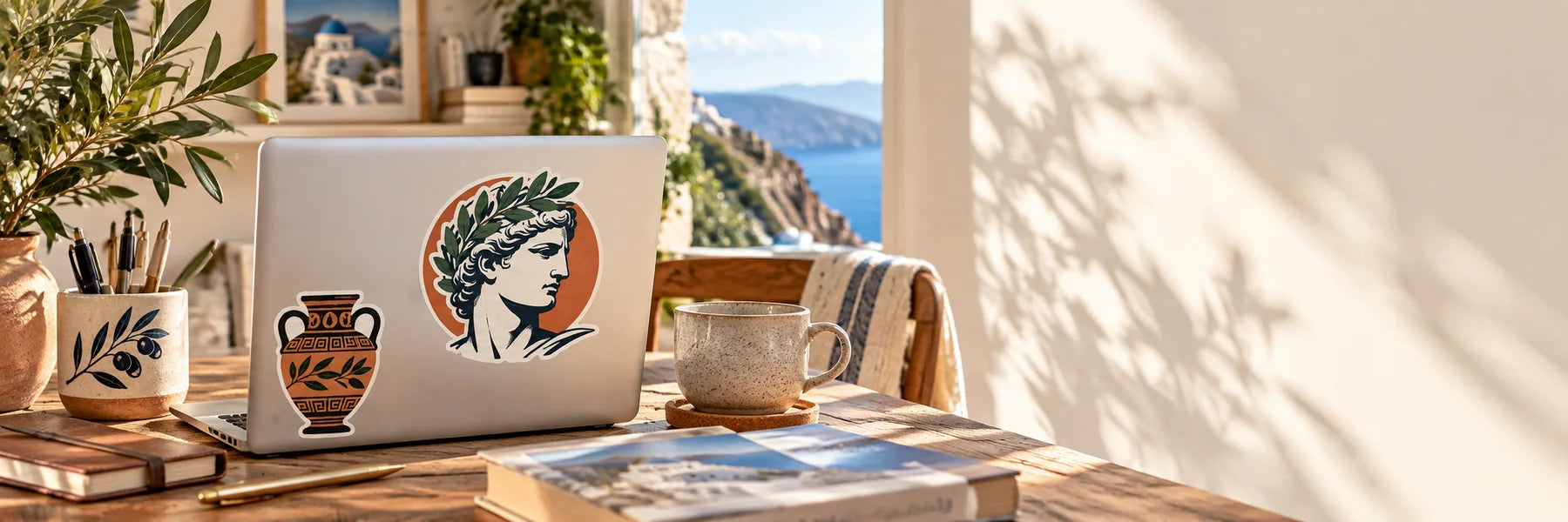 Illustrative Greek Stickers vinyl application in a realistic panoramic lifestyle scene.