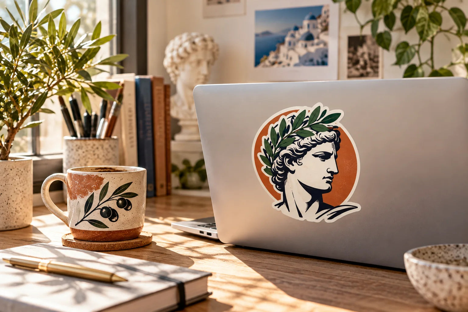 Illustrative Greek Stickers vinyl application in a realistic separate close-up lifestyle scene.