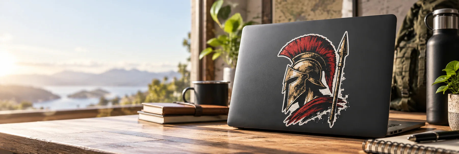 Illustrative Spartan Warrior Stickers vinyl application in a realistic panoramic lifestyle scene.