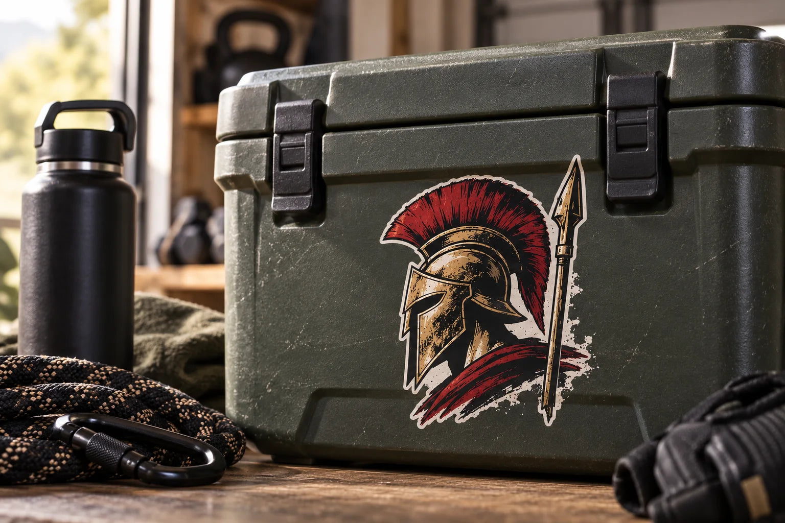 Illustrative Spartan Warrior Stickers vinyl application in a realistic separate close-up lifestyle scene.