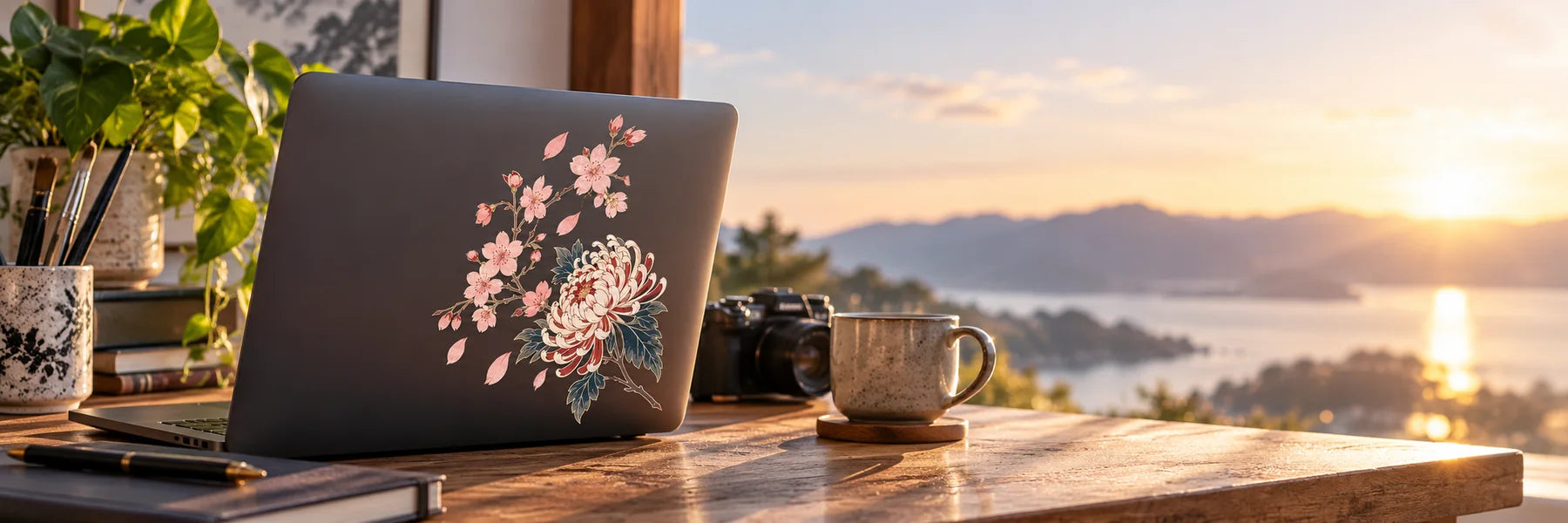 Illustrative Japanese Floral Stickers vinyl application in a realistic panoramic lifestyle scene.