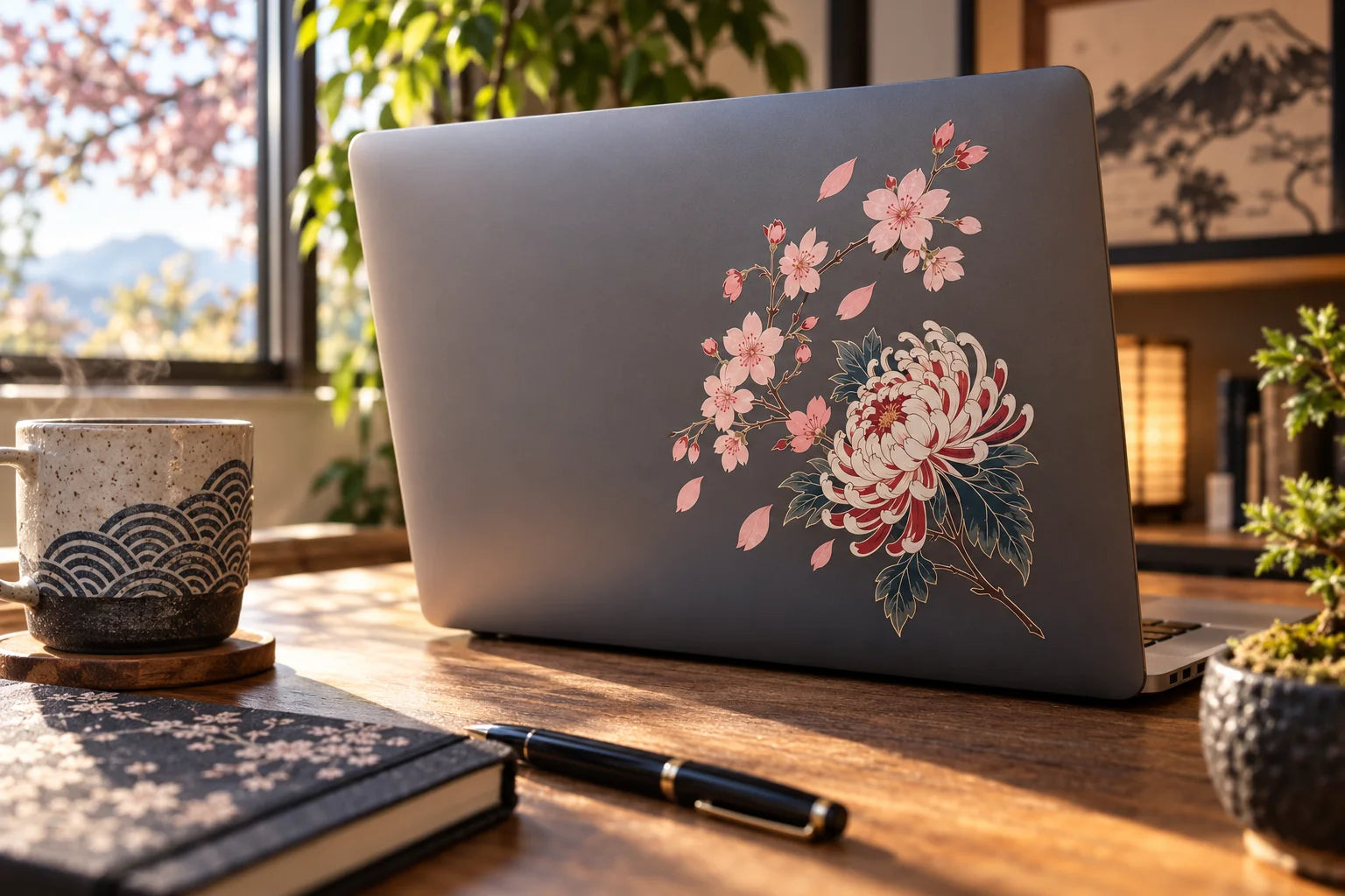 Illustrative Japanese Floral Stickers vinyl application in a realistic separate close-up lifestyle scene.