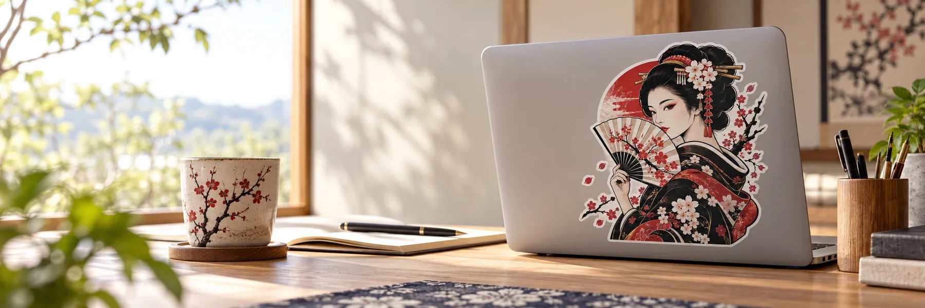 Illustrative Japanese Geisha Stickers vinyl application in a realistic panoramic lifestyle scene.