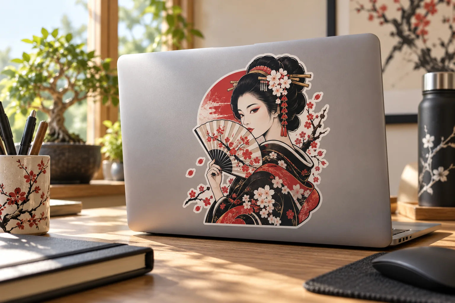 Illustrative Japanese Geisha Stickers vinyl application in a realistic separate close-up lifestyle scene.