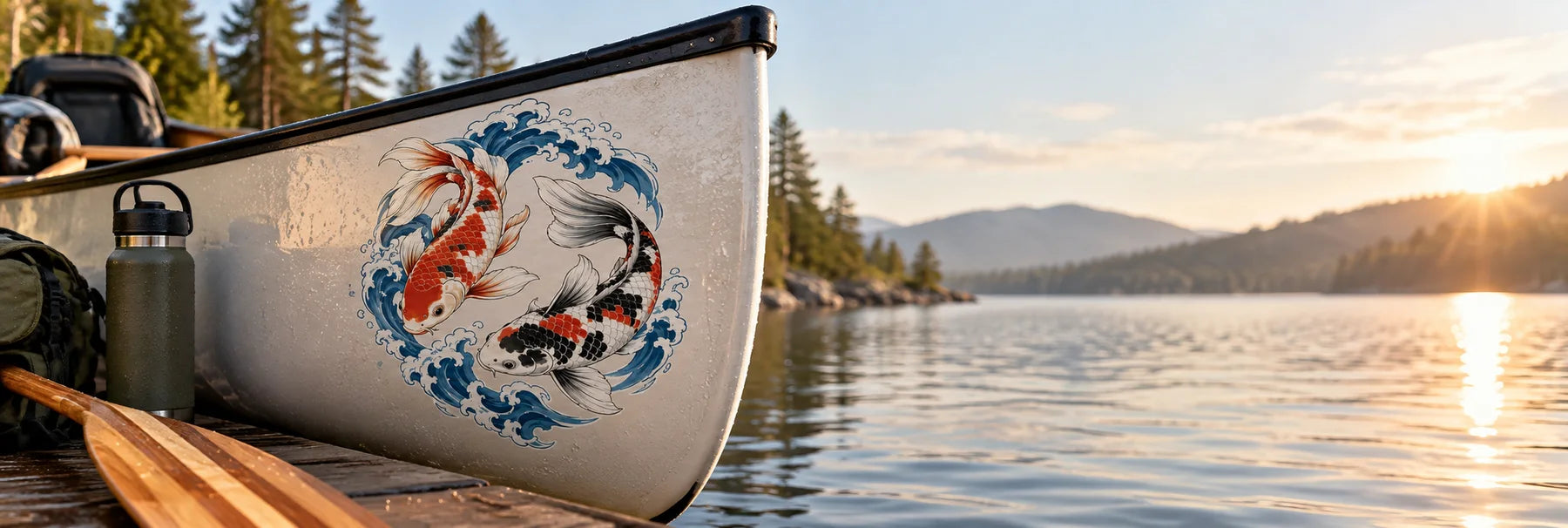 Illustrative Japanese Koi Fish Stickers vinyl application in a realistic panoramic lifestyle scene.