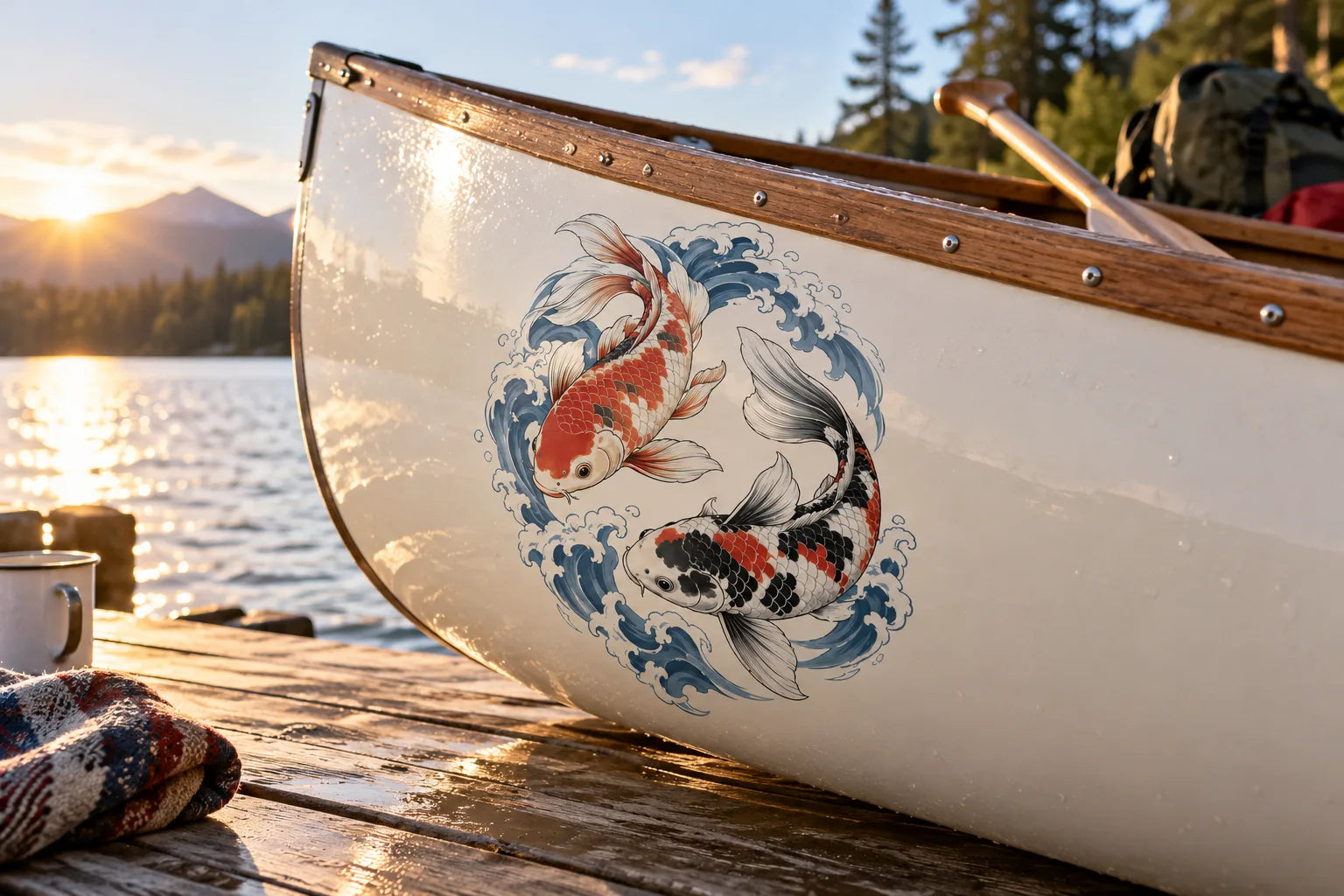 Illustrative Japanese Koi Fish Stickers vinyl application in a realistic separate close-up lifestyle scene.