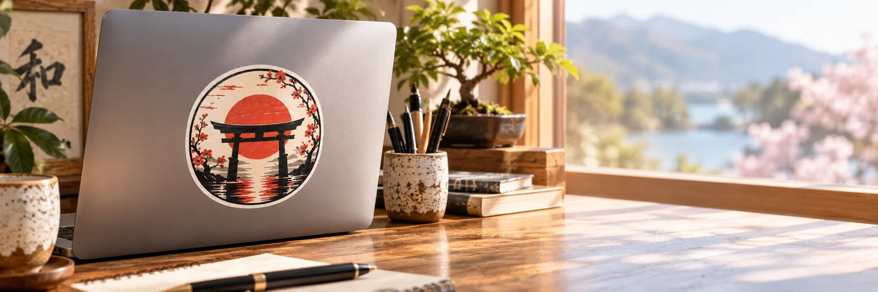 Illustrative Japanese Symbol Stickers vinyl application in a realistic panoramic lifestyle scene.