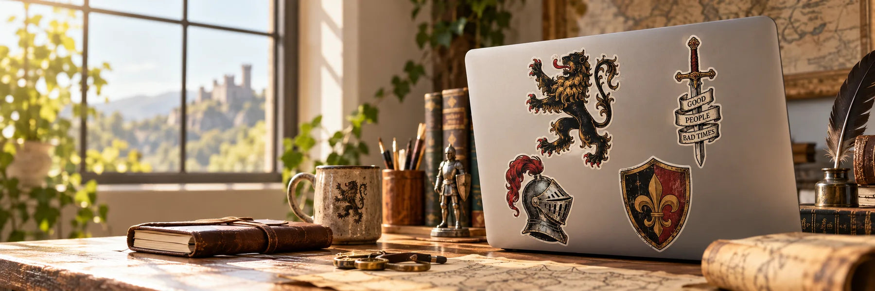 Illustrative Medieval Stickers vinyl application in a realistic panoramic lifestyle scene.