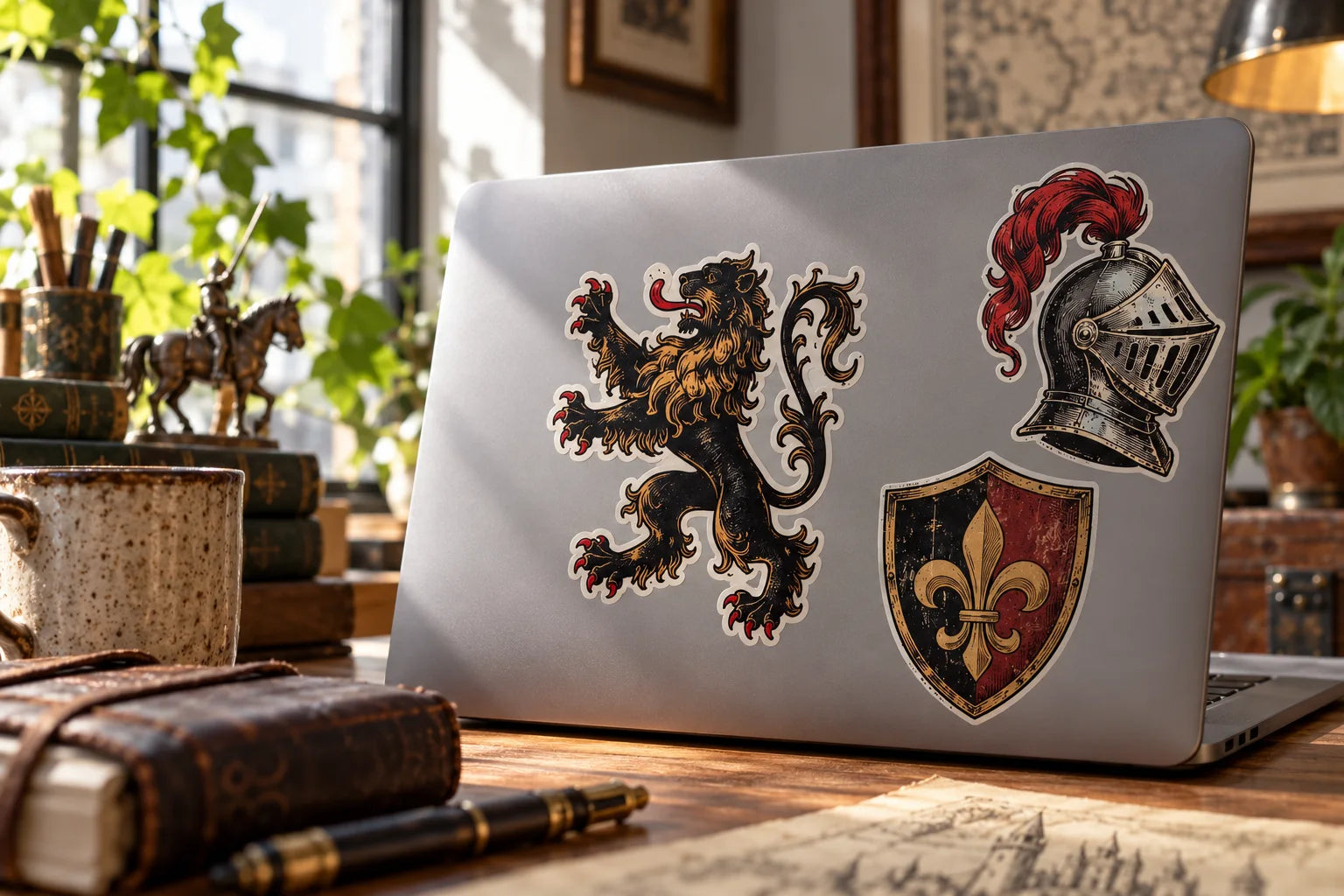 Illustrative Medieval Stickers vinyl application in a realistic separate close-up lifestyle scene.