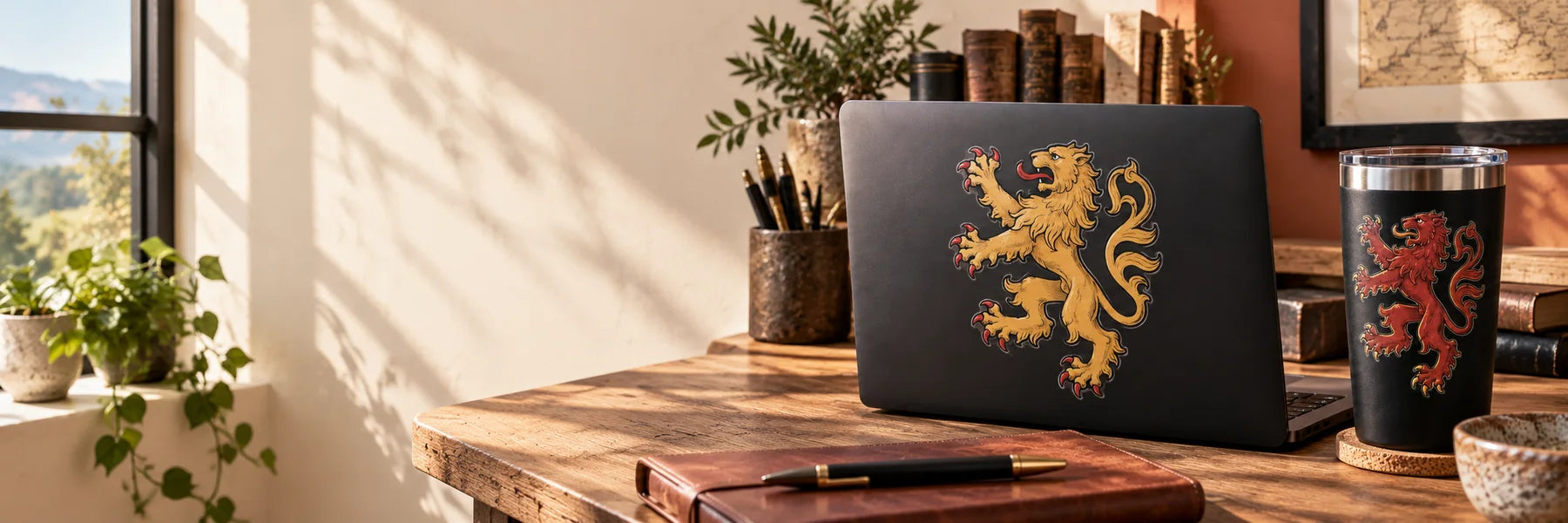 Illustrative Medieval Lion Stickers vinyl application in a realistic panoramic lifestyle scene.