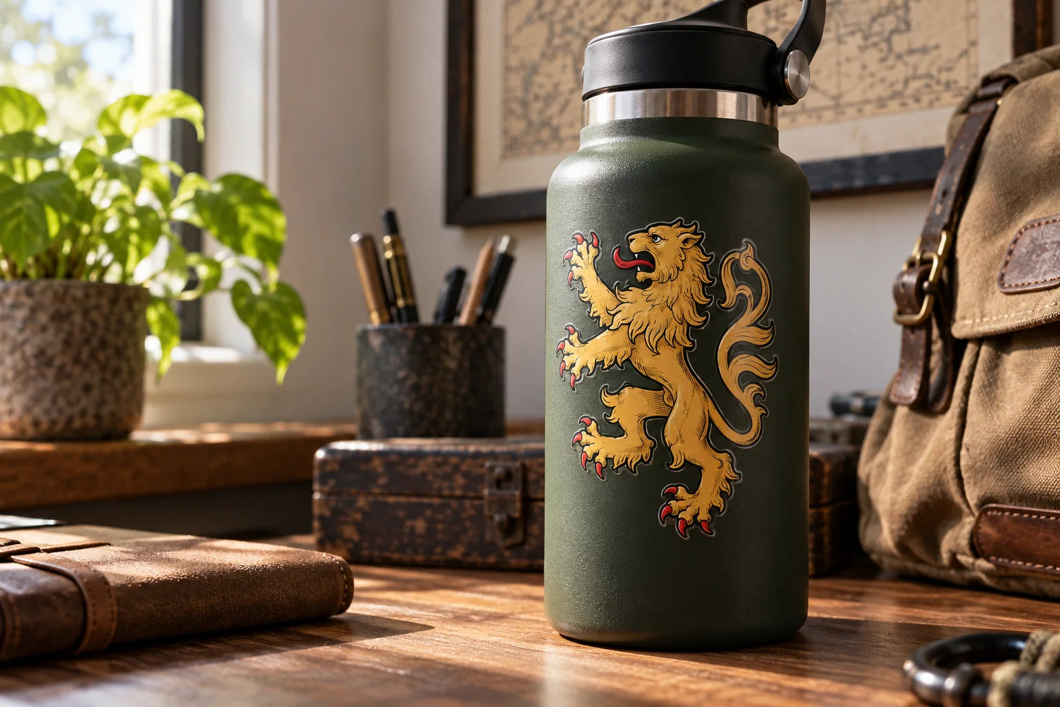 Illustrative Medieval Lion Stickers vinyl application in a realistic separate close-up lifestyle scene.