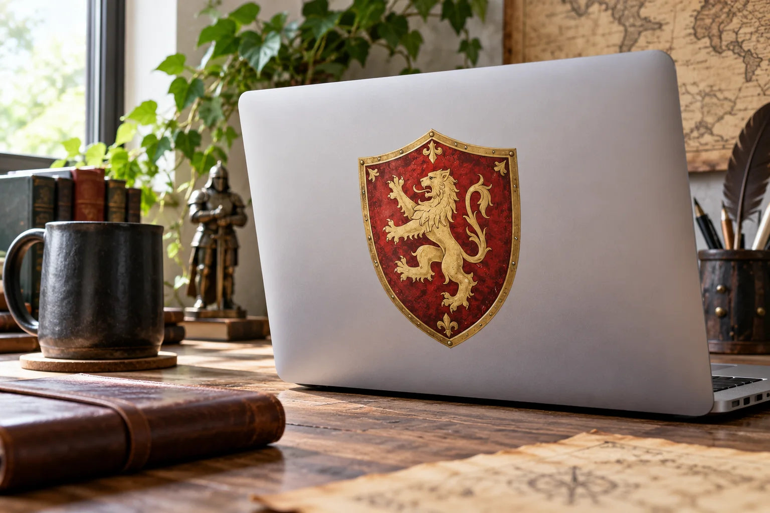 Illustrative Medieval Shield Stickers vinyl application in a realistic separate close-up lifestyle scene.