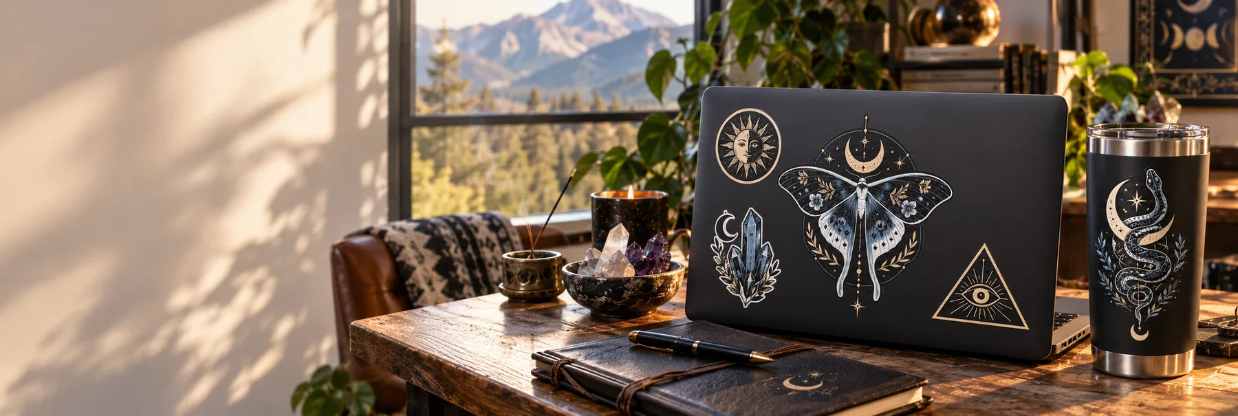 Illustrative Occult Stickers vinyl application in a realistic panoramic lifestyle scene.