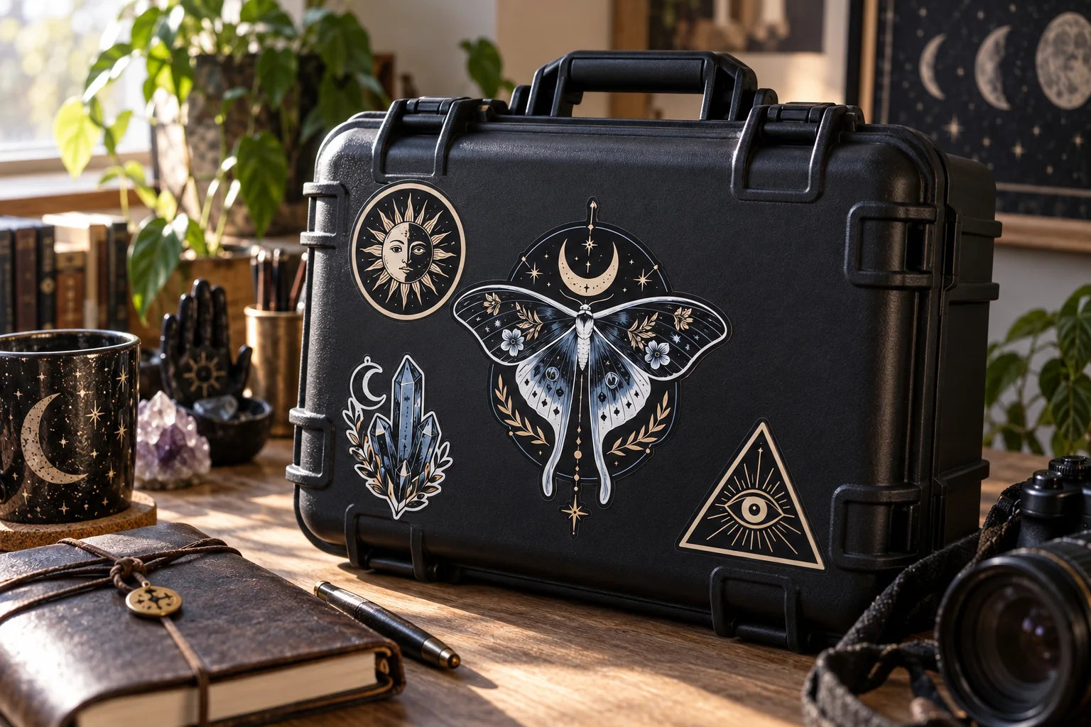 Illustrative Occult Stickers vinyl application in a realistic separate close-up lifestyle scene.